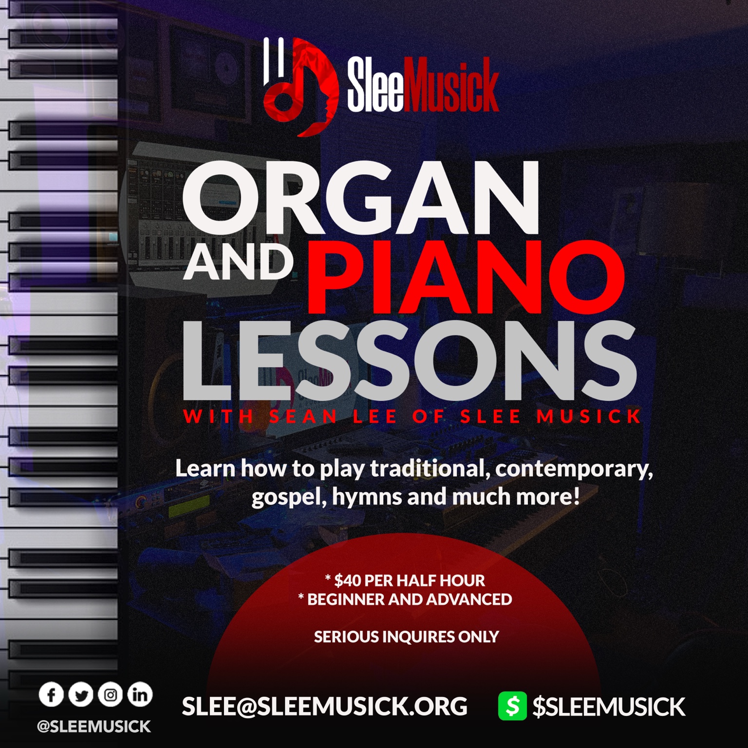 Organ and piano lessons promo